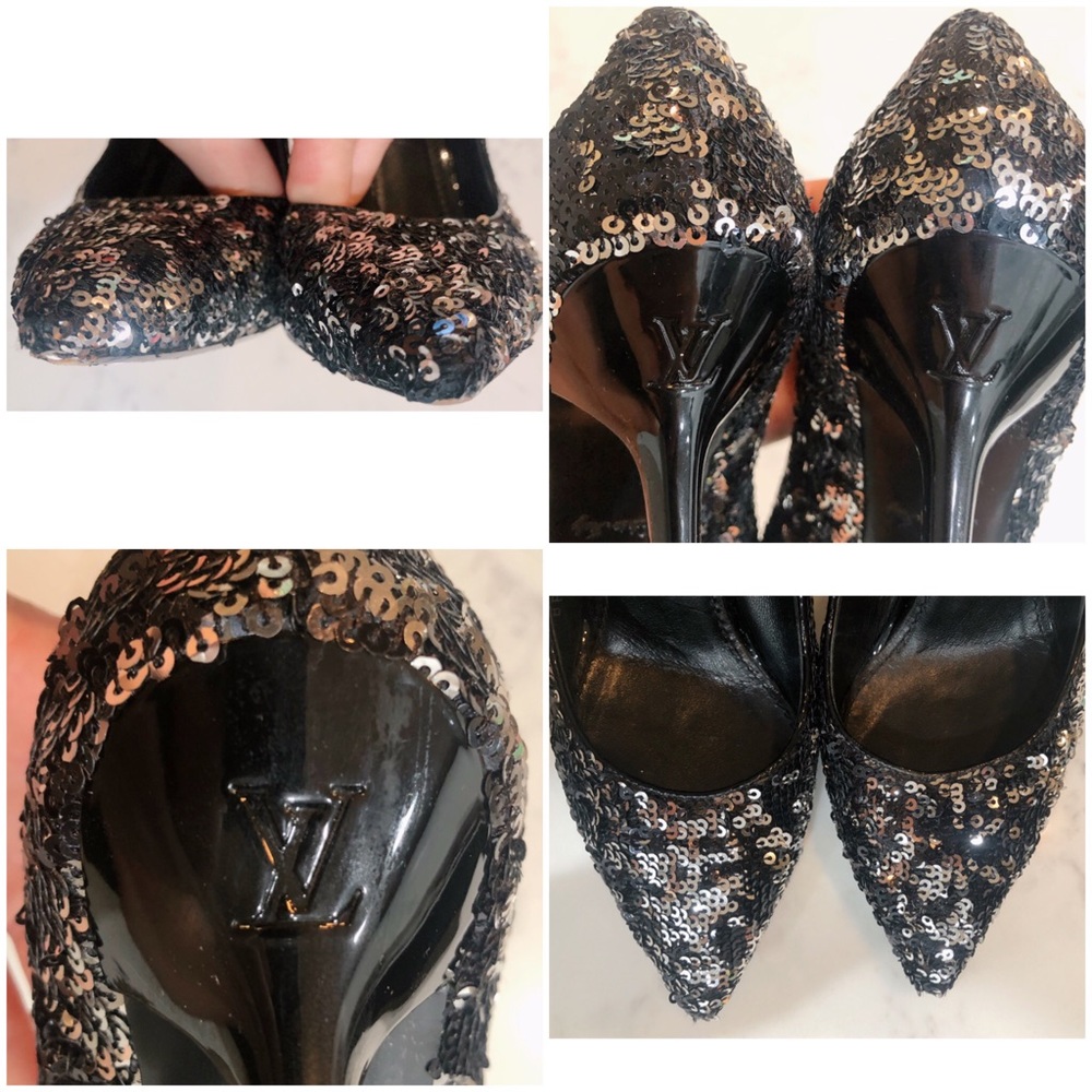 LOUIS VUITTON Liza Sequin Black & Silver Pointy Toe Pumps Noir SZ 37 - Picture 14 of 17